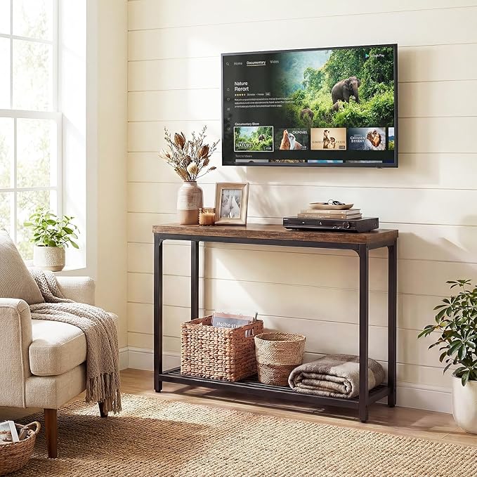 Besiost 32" Small Console Table with 2-Tier Storage, Industrial Narrow Entryway Table, Sofa Table Behind Couch for Hallway, Foyer & Living Room, Sturdy Metal Frame, Rustic Brown