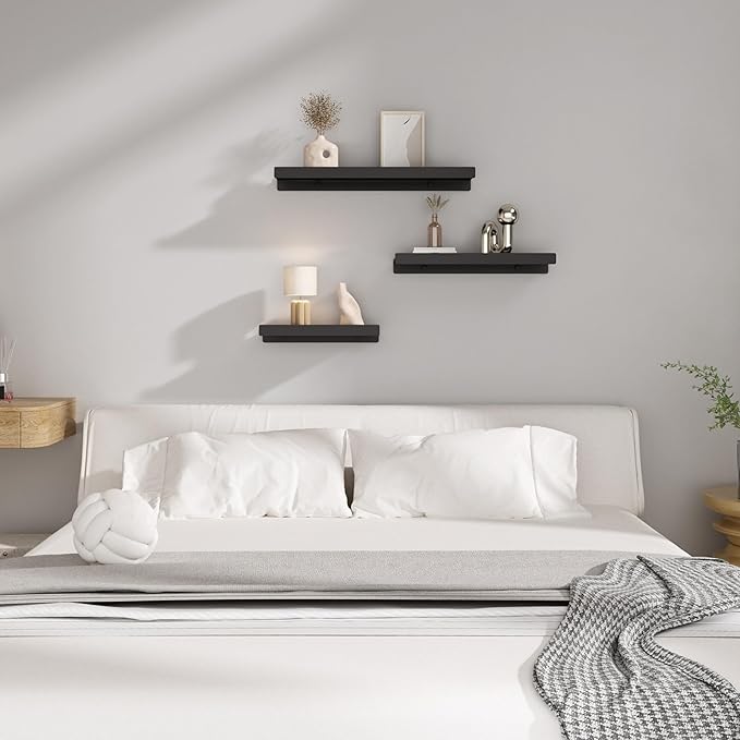 Floating Shelves for Wall, Wall Mounted Shelves with Lip for Storage, Metal Display Shelves for Home Decor, Kitchen/Living Room/Bedroom/Bathroom Shelf, Black 16 inch 1 Pack