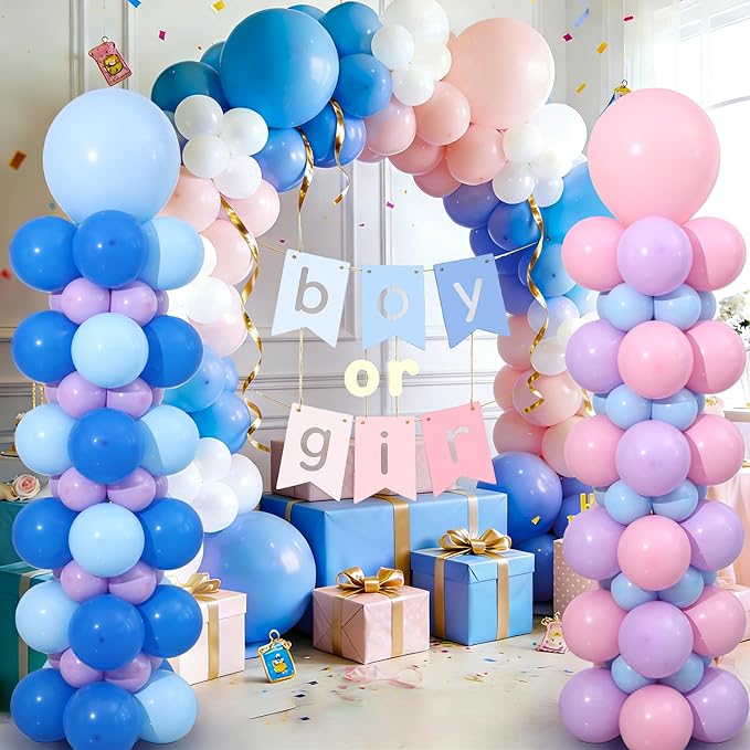 Blue Pink and Purple Balloon Column Stand Kit Set of 2, 140PCS Balloon Towers Set of 2 Pink Blue Purple Balloon Arch Kit for Gender Reveal Summer Tropical Cartoon Birthday Party Decorations
