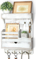 Rebee Vision Farmhouse Key Holder Wall Mount with Drawer Organizer – Pine Wooden Mail and Key Organizer for Wall with 6 Rustic Hooks & Floating Shelf – Chic Home Decor Accent (Whitewash)