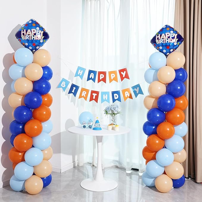 Blue and Orange Balloon Column Stand Kit Set of 2 with Birthday Banner, 7 Feet Height Orange Blue Adjustable Metal Balloon Towers for Cartoon Dog Theme Birthday Party Decorations Supplies