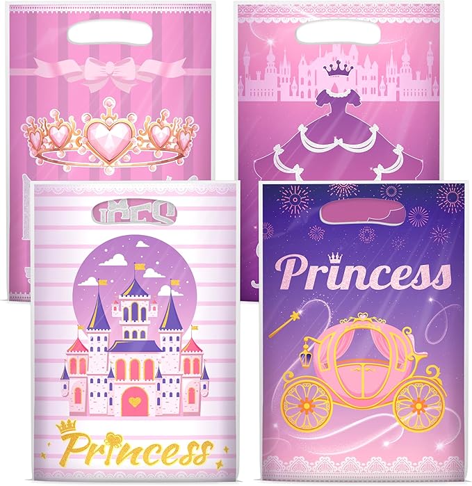 Nuesaurd 100Pcs Princess Party Favor Bags, Plastic Princess Goodie Gift Bags,4 Styles Pink 9.8"x6.7" Castle Candy Treat Bags for Kids Birthday Party Baby Shower Wedding Decorations