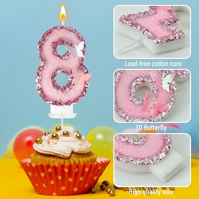 18Th Birthday Candles，Glitter Butterfly Cake Toppers Pink Sequins Wedding Numeral Cupcake Decorations，Suitable for Girl and Boy Wedding Cakes, Party Celebrations, Birthday Decorations (18)