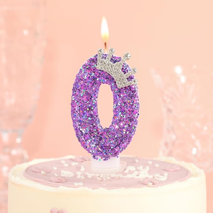 Birthday Number Candles,Purple Crown Birthday Candles for Cake,Glitter Number 0 Candle Cake Topper with Sequins for Anniversary Celebrations Supplies