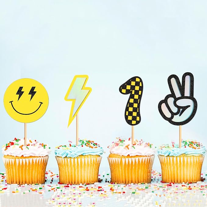 Ercadio 24 Pack Smile Cupcake Toppers Yellow 1 Lightning Scissorhands Cupcake Picks Smiley Assorted Cake For Girls Baby Shower Birthday Party Cake Decoration Supplies