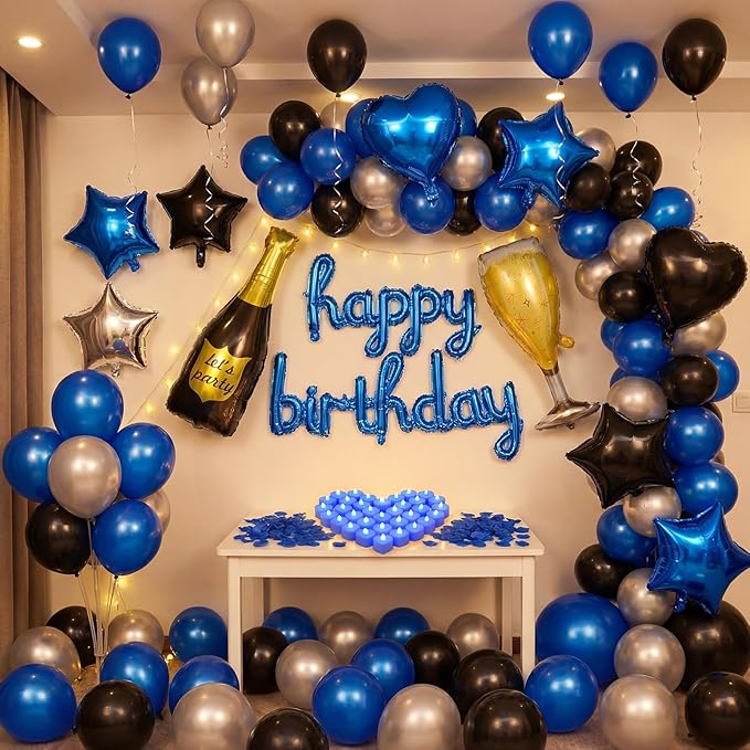 Realspring 120 Pcs Happy Birthday Decorations Set Balloons Letters Banner with Candle LED Light Champagne Bottle Wine Glass Rose Petals for Birthday Party Room Decor (Blue)