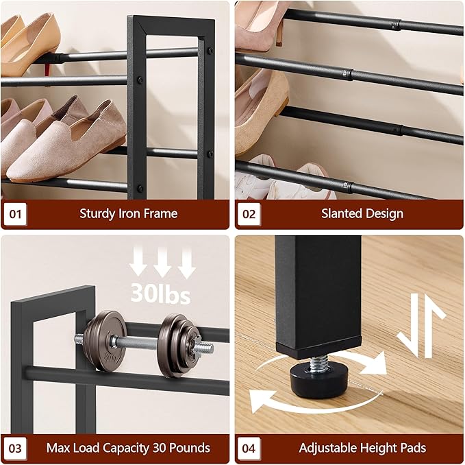 FAVOOSTY 2-Tier Expandable Shoe Rack, Adjustable Shoe Shelf Storage Organizer Space Saving Metal Free Standing Shoe Rack for Entryway Closet Doorway, Black