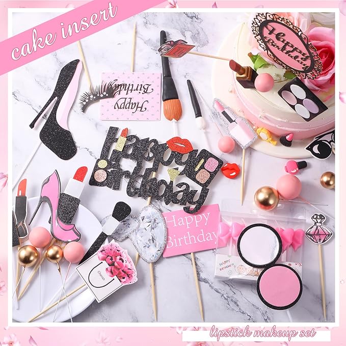 Beeveer 42 PCS Makeup Cake Topper Decorations Cosmetics Theme Bridal Cake Topper Party Lipstick Perfume Picks for Bridal Shower Birthday Partys