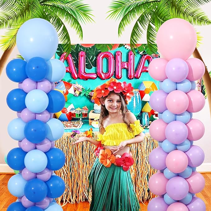 Blue Pink and Purple Balloon Column Stand Kit Set of 2, 140PCS Balloon Towers Set of 2 Pink Blue Purple Balloon Arch Kit for Gender Reveal Summer Tropical Cartoon Birthday Party Decorations