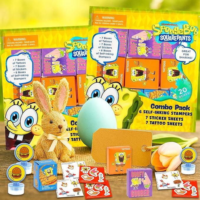 Spongebob Squarepants Party Favor Boxes Set Bundle with 40 Stickers, Tattoos, Stampers for Easter Gift Basket and Egg Hunt Fillers, More