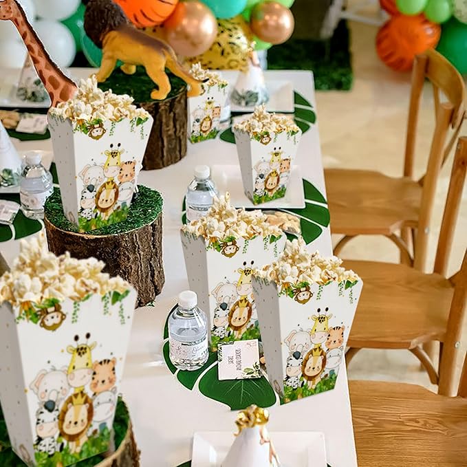 BACH AND BOUJEE 12Pcs Safari Animal Popcorn Boxes Jungle Safari Goodie Candy Boxes Jungle Wild One Birthday Party Favors Gift Bags Safari Baby Shower Decorations Zoo Animal Party Supplies
