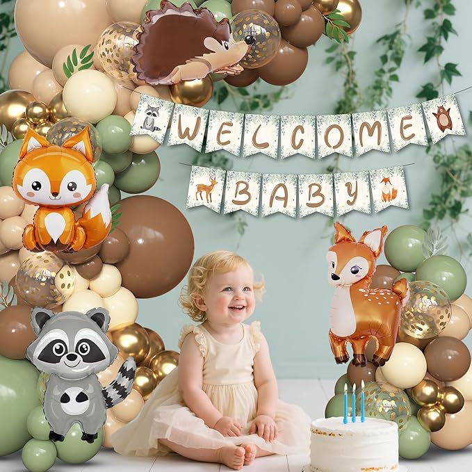 167Pcs Woodland Animals Baby Shower Decorations, Woodland Balloon Garland Arch Kit with Welcome Baby Banner Sage Green Brown Neutral Forest Animal Foil Balloons for Forest Safari Jungle Party Supplies