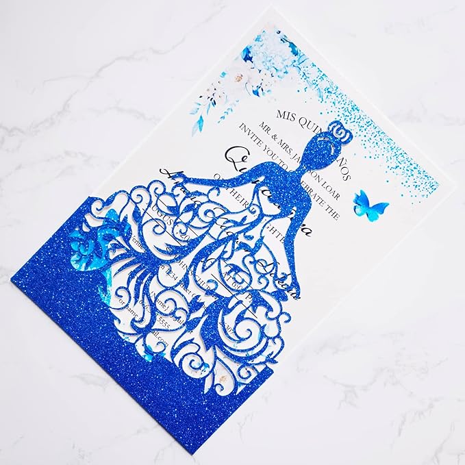 50PCS 5 x 7.3'' Personalized Quinceanera Invitations, Laser Cut Girl Princess Invitation Card Kit with Envelopes for Birthday Party, Quinceañera, XV Años, Mis Quince, Sweet 16 (Royal Blue Glitter)