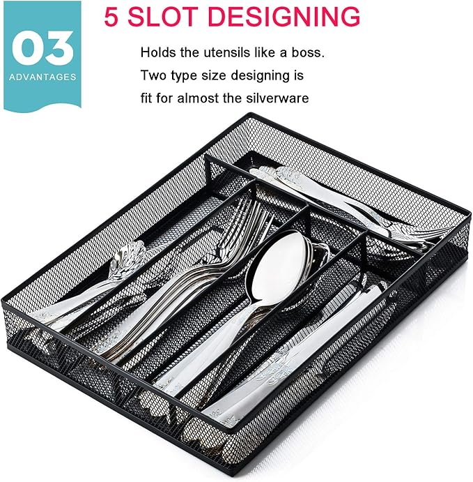 JANE EYRE Utensil Drawer Organizer, Cutlery Tray Silverware Flatware Storage Divider for Kitchen, Mesh Wire with Non-slip Foam Feet, 5 Component, Black