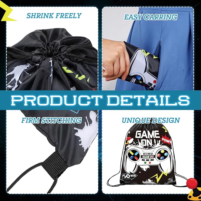 Roowest 36 Pcs Video Game Drawstring Bags 12 x 10'' Video Gaming Theme Birthday Party Gifts Supplies Goodie Treat Candy Bags for Kid(Black, White)