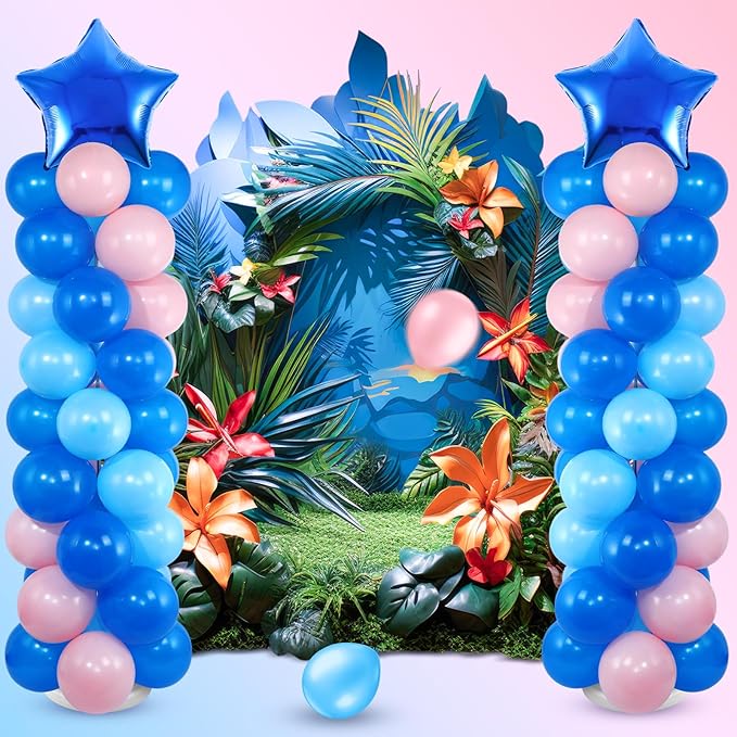 Seematn 2 Sets Pastel Blue and Pink Balloon Column Stand Kit with 2 Cartoon Star Balloons 105 Latex Balloons, Adjustable Balloon Stands for Hawaii Gender Reveal Baby shower Birthday Decor(Classic)