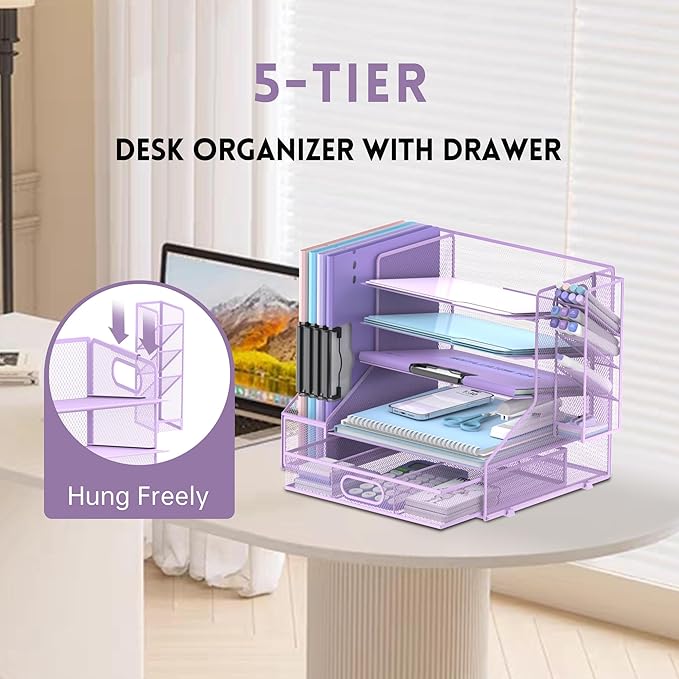 DALTACK Mesh Desk Organizer, 5-Tier Paper Letter Tray with File Holder & Pen Holder & Sliding Drawer, Desktop Organizer and Storage for Desk Accessories Office Supplies, Purple