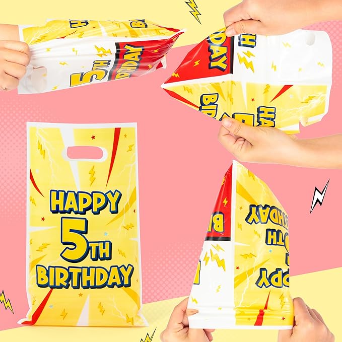 Andi Cppss Happy Birthday Party Favor Bags - 50PCS Red White Yellow Lighting Bolts Plastic Goodie Bags with Handle for Kids Cartoon Goody Treat Candy Gift Bag for Girls Boys 5th Birthday Party Favors