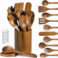 Wooden Utensil Set 12 PCS - Natural Non-Toxic Acacia Wooden Spoons for Cooking, Nonstick, Sturdy, Easy to Clean, Wood Kitchen Utensils Set with Holder, Spoon Rest & 6 Hooks, Ideal for Gifting