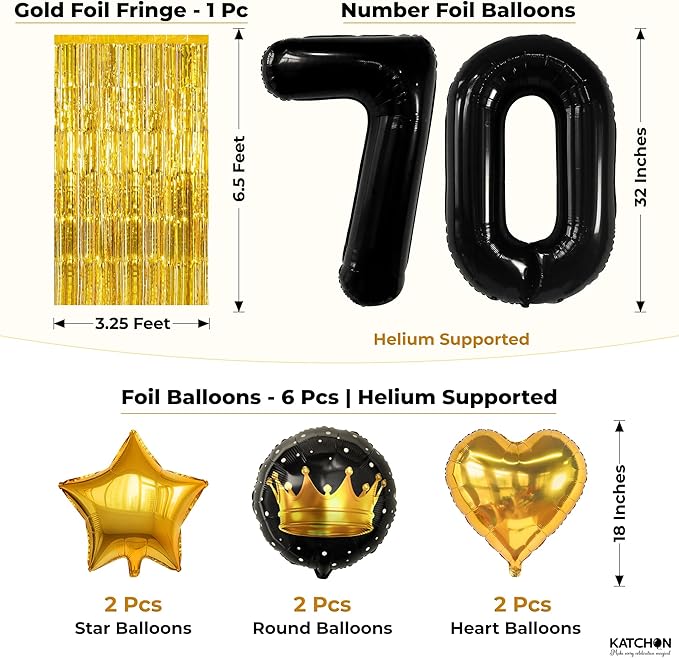 KatchOn, Happy 70th Birthday Decorations - Pack of 50 | Happy Birthday Banner, Latex Balloons Kit, Gold Foil Fringe, Star, Round, Heart Foil Balloons | 70th Birthday Decorations for Men, Women