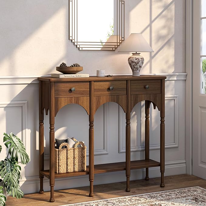 Console Table with 2 Drawers & Shelf, 40" Mid-Century Modern Entryway Table, Retro 2-Tier Sofa Table, Wooden Accent Table for Living Room, Hallway, Black