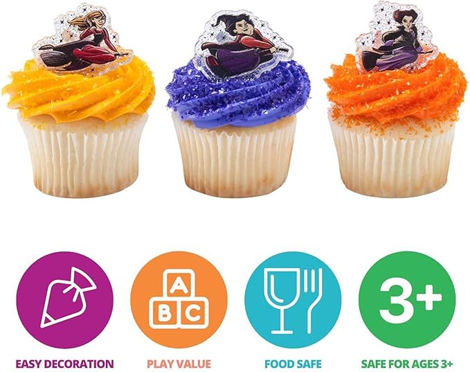 DecoPac Disney Hocus Pocus Forever Bewitching Rings, Cupcake Decorations Featuring The Sanderson Sisters In Flight, 3 Designs, Cake Toppers – 24 Pack