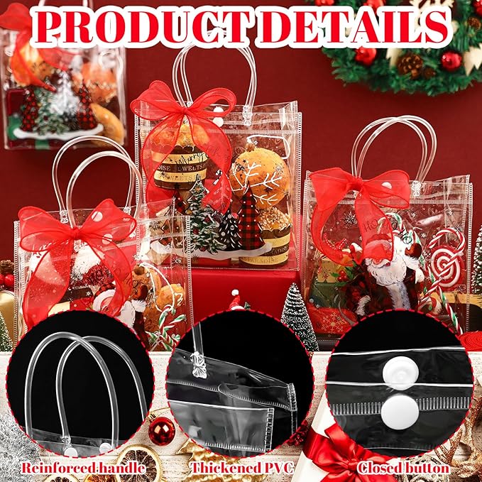 Motipuns 24 Pcs Clear PVC Gift Bags with Handles and Ribbon Party Favor Reusable Plastic Goodie Candy Treat Bags for Birthday Party Supplies(Tree)