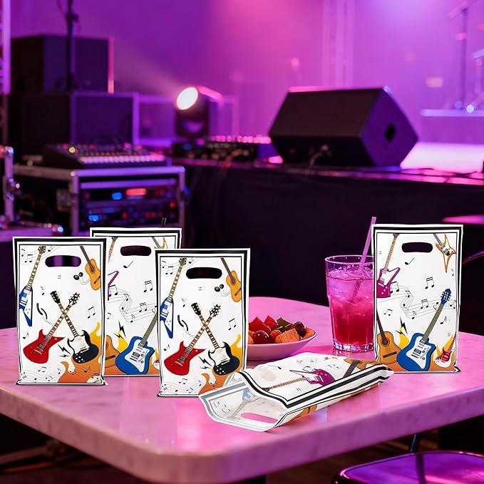 ANGOLIO Music Party Favor Bags - 50 Popular Singer Guitar Gift Bags Die Cut Plastic Candy Snack Goodie Treat with Handle for Boys Girls Birthday Musical Theme Party Anniversary Back to School Supplies