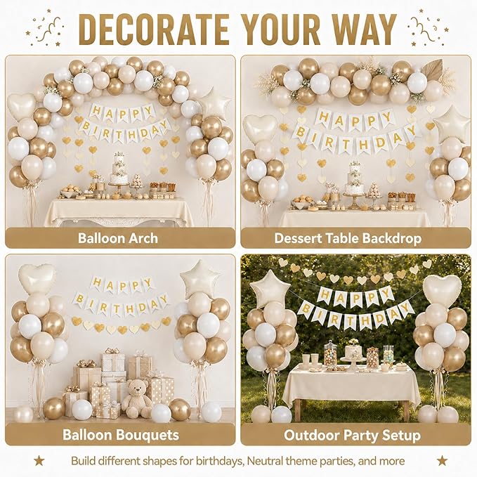 White and Gold Birthday Party Decorations for Women Girls Metallic Gold White Sand Balloon Set with Star Heart Foil Balloons Happy Birthday Bunting Banner Garland Neutral Cream Beige Party Decor Kit