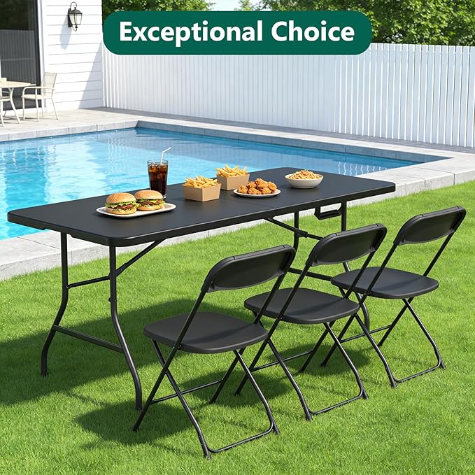 Folding Table, 6FT Foldable Picnic Table with Carrying Handle, Heavy Duty Fold-in-Half Portable Table for Weddings, Camping, RV Travel, Parties, BBQs, and Indoor Use, Easy to Fold and Store, Black