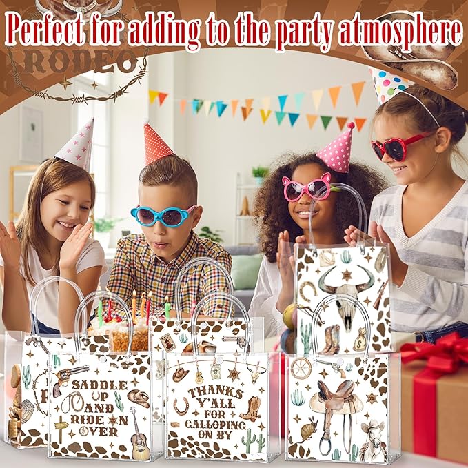 Teenyyou 24 Pcs Western Cowboy Clear Gift Bags Reusable Party Favor Goodie Treat Snack Bag Bulk with Handles PVC Howdy Cowboy Boot Party Supplies for Birthday Bachelorette Baby Shower