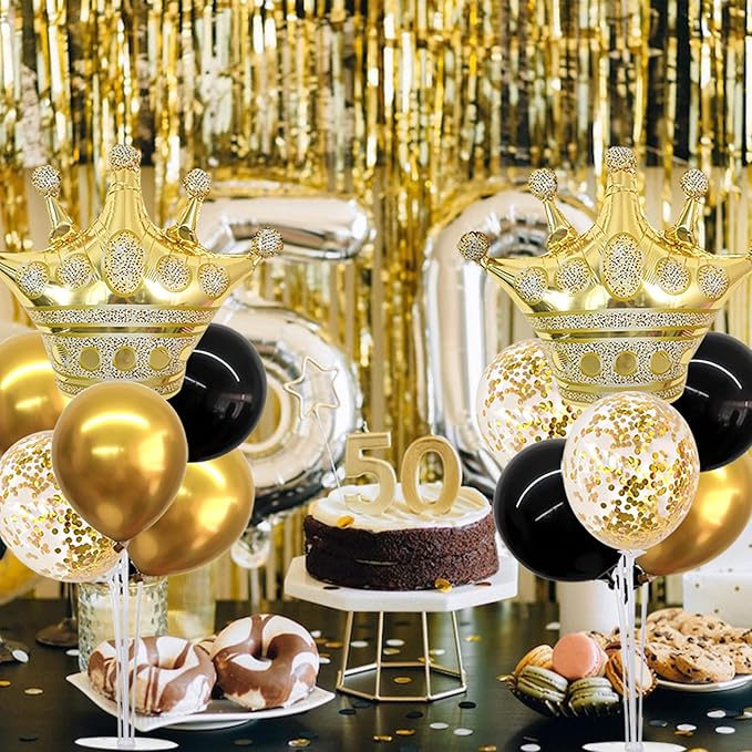 TONIFUL Table Centerpiece Balloons Stand Kit Include Black Gold Latex Confetti Balloons and Foil Crown Balloon for Birthday 2025 Graduation Anniversary Halloween New Year's Eve Party Decoration
