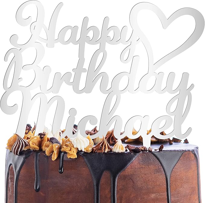 Personalized Birthday Cake Topper - Happy Birthday Cake Toppers w/Name and Heart - Custom Acrylic Cake Decorations, Birthday Cake Topper for Birthday Party - 2 Glitter Acrylic Option
