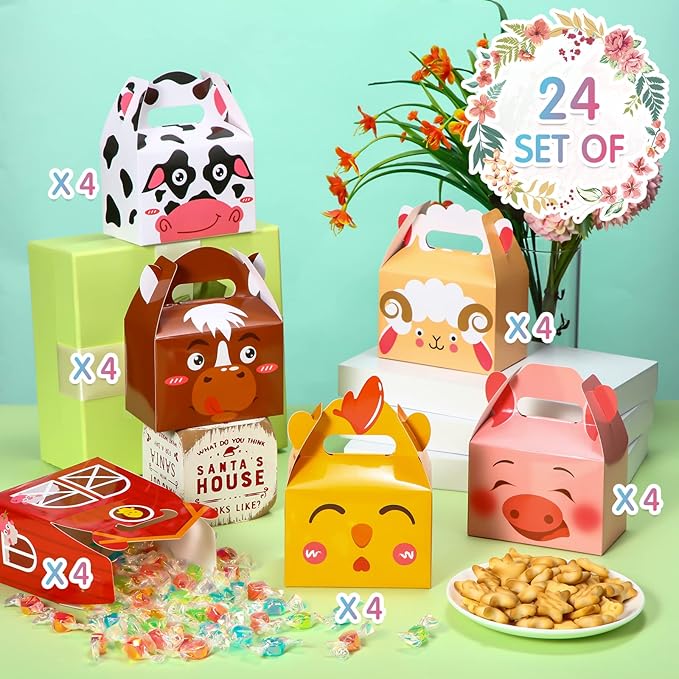 Zonon 24 Pack Farm Animal Party Favor Boxes 4 x 2.4 x 5.1 Inches Animal Theme Birthday Goodie Boxes Farmhouse Animals Themed Gift Candy Bags for Kids Girls Baby Shower Party Supplies