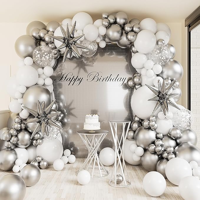 White Silver Balloons Arch Garland Kit-127Pcs Silver Explosion Star Foil Balloon Silver Confetti Balloon for Graduation,Birthday,Baby Shower,Christmas,Fiesta Party Decoration.