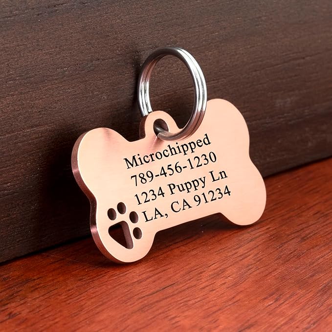 Ultra Joys Dog Tags Personalized for Pets - Hollow Paw Custom Pet ID Tag - Engraved Dog Tag for Small, Large Dogs - Small Bone in Rose