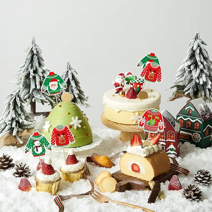 Ugly Sweater Cupcake Toppers, 40 PCS Christmas Ugly Sweater Cupcake Toppers Party Decorations, Christmas Holiday Cake Decoration Food Picks Topper for Xmas Birthday Holiday Party Decorations Supplies