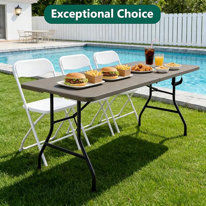 2 Pack 6ft Folding Table, Foldable Picnic Table Portable Table for Indoor Outdoor Use Heavy Duty Plastic Table Camping Table with Carry Handle for Party, BBQ, Khaki