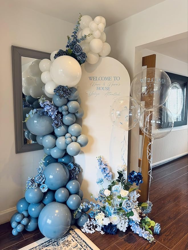 Dusty Blue White Balloons Arch Kit, 124pcs Light Blue White Transparent Balloons with 16ft Tape Strip & Dot Glue for Birthday Baby Shower Wedding Party Decorations