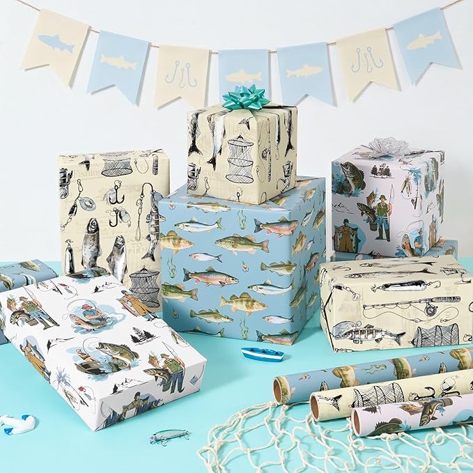 WERNNSAI Fishing Wrapping Paper Roll - 3 Rolls 17” x 120“ Fish Gift Wrap for Men Fishing Enthusiasts with Fishermen Fishes Fishhook Design Good for Birthday Father's Day Retirement Ocean Themed Party