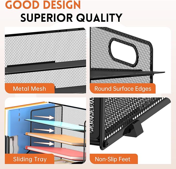 DALTACK Mesh Desk Organizer, 5-Tier Paper Letter Tray with File Holder & Pen Holder & Sliding Drawer, Desktop Organizer and Storage for Desk Accessories Office Supplies, Black