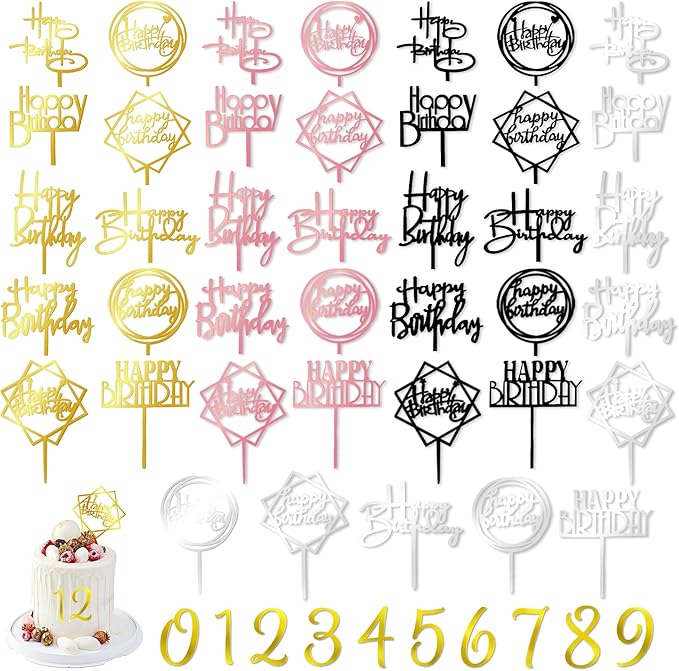 50 PCS Acrylic Happy Birthday Cake Topper Gold Black Pink Silver Cake Topper Pick for Birthday Cake Decorations (4 Colors)
