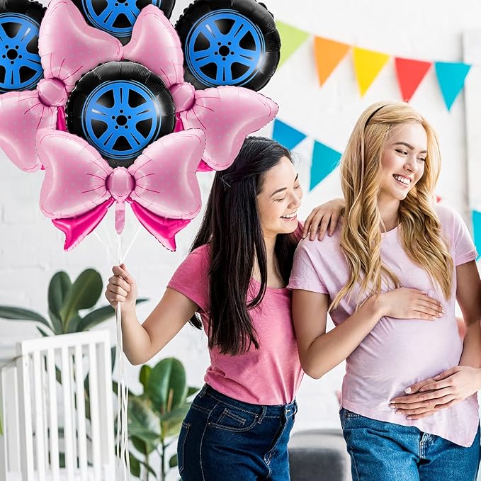 Lewtemi 16 Pcs Burnouts or Bow Foil Balloons Sets Black Blue Car Wheel Gender Reveal Bow Balloons for Baby Shower Gender Reveal Wedding Birthday Party Decoration