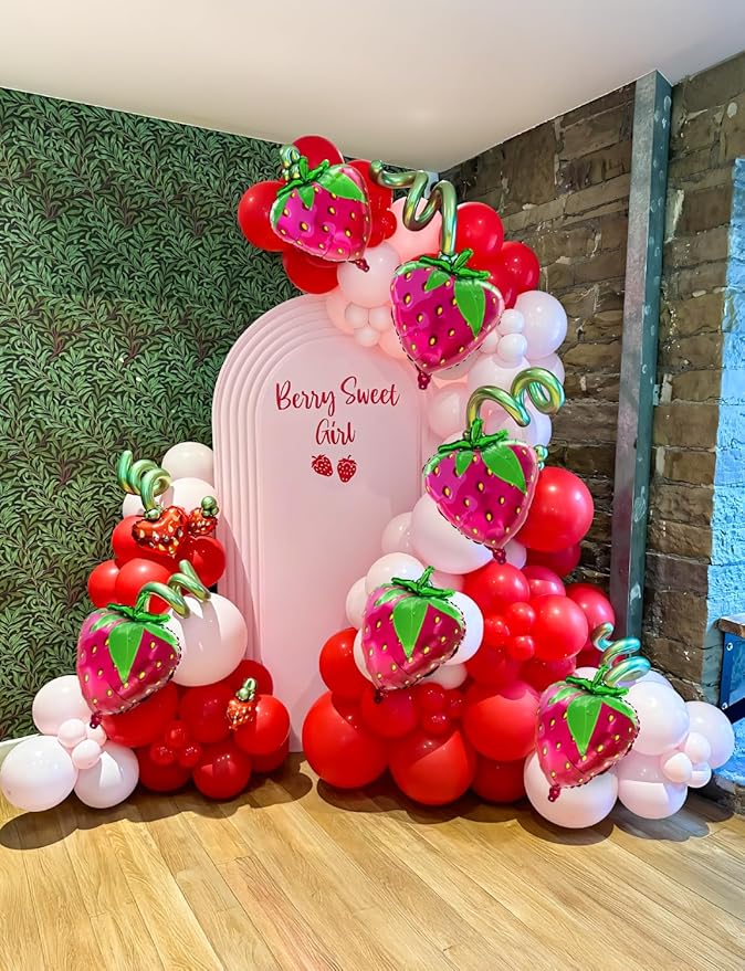 Strawberry Balloon Arch Garland Kit,130Pcs Pink Red Balloons with Large Strawberry Foil Balloon, Red Polka Dot, Green Balloon for Girl Berry First/Sweet One Birthday Party Decoration