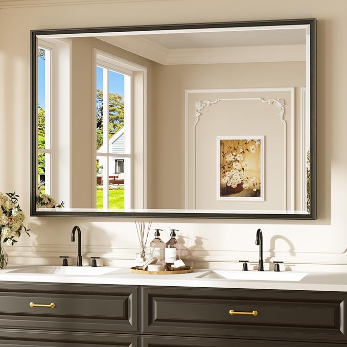 Keonjinn 55" x 36" Large Black Bathroom Mirrors for Over Sink, Aluminum Alloy Frame Square Corner, Beveled Tempered Glass, Shatterproof, Modern Farmhouse Black Bathroom Vanity Mirror for Wall