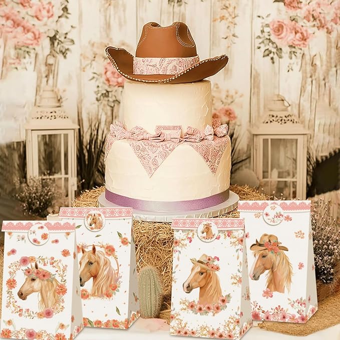 BACH AND BOOZY 12 PCS Horse Party Favors Supplies Horse Party Bags Boxes Cowboy Gift Box Cookies Snacks Bags for Western Cowboy Cowgirl Themed Baby Shower