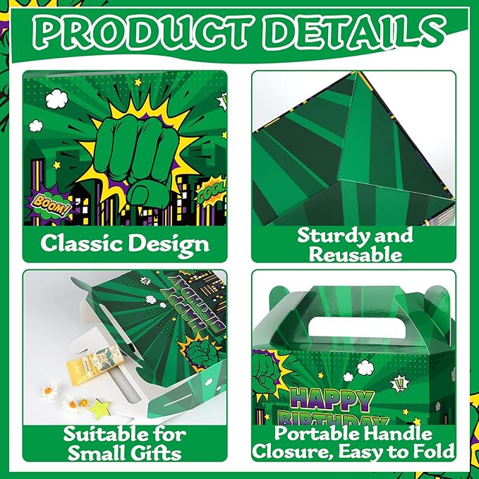 Green Hero Party Decorations Cartoon Green Hero Party Favors Box Super Theme Candy Goodie Treat Boxes for Kids Boys Girls Super Theme Comic City Cityscape Birthday Baby Shower Supplies 24Pcs