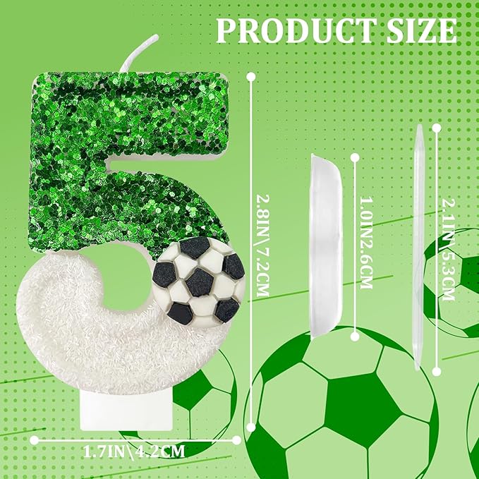 Birthday Candles，Soccer Birthday Decorations，Soccer Cake Topper,for Girl and boy Cake Toppers, Wedding Cakes, Anniversaries, Party Celebrations, Birthday Decorations (Green White, Number 5)