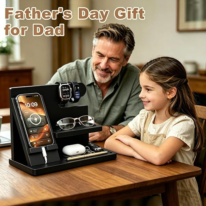 Gifts for Men Wood Phone Docking Station Birthday Gift for Men Valentines Day Gifts Father Gift for Him Boyfriend Nightstand Organizer Desktop Phone Stand Black