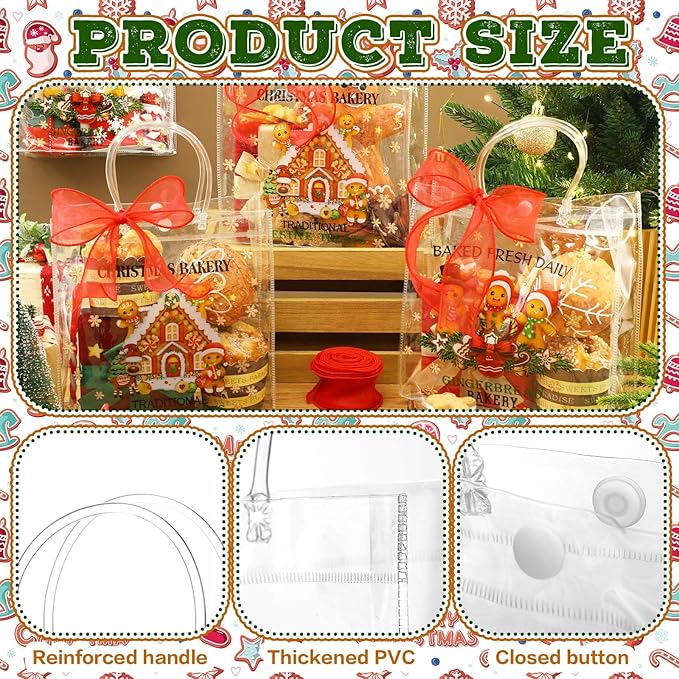 Motipuns 24 Pcs Clear PVC Gift Bags with Handles and Ribbon Party Favor Reusable Plastic Goodie Candy Treat Bags for Birthday Party Supplies(Gingerbread)